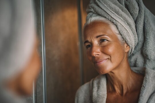 Beautiful senior woman wearing bathrobe and towel looking at herself in the bathroom mirror - Powered by Adobe