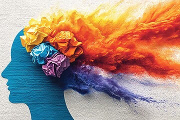 Abstract head silhouette, colorful crumpled paper brain, vibrant paint splatter