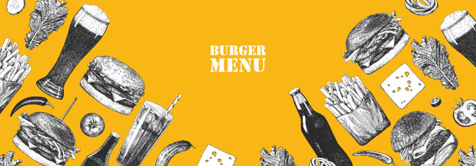 Burger Menu. Hand-drawn illustration of dishes and products. Ink. Vector	