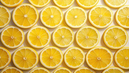 Obraz premium Rows of Vibrant Yellow Lemon Slices Arranged in Uniform Pattern on Light Background High Angle View Food Photography Still Life
