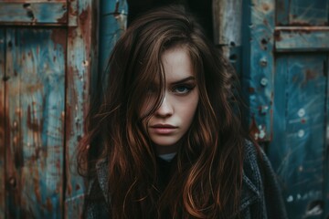 Fototapeta premium Serious young woman with long brown hair posing in front of a rustic blue door