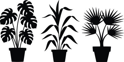 Potted plant silhouettes, vector houseplant icons, indoor plant clipart set, tropical leaf design, botanical outline art, plant illustration pack, home decor graphic collection