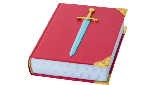 Isolated magical spellbook with sword atop of it, bound in scarlet fabric & gold filigree