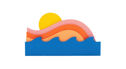Isolated layered paper style scenic view featuring a yellow sun, waves, sky, and land