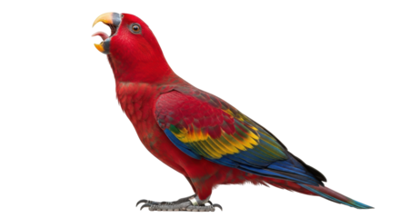 Isolated Red Lory Bird Open Beak Profile View, a Colorful Parrot with Bright Plumage
