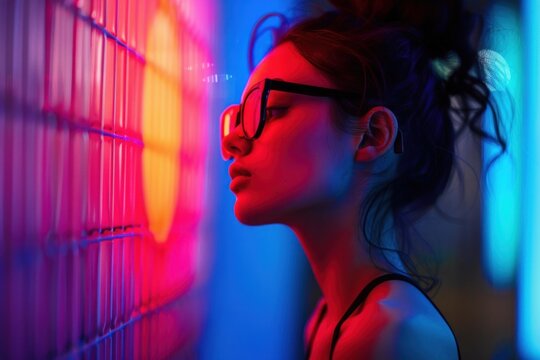Stylish woman with glasses posing near colorful neon lights and mesh netting, creating a vibrant and futuristic atmosphere - Powered by Adobe