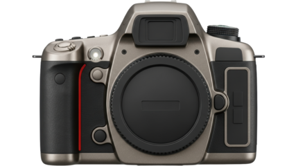 Isolated digital single-lens reflex camera showing front view with modern design aesthetics
