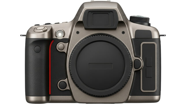Isolated digital single-lens reflex camera showing front view with modern design aesthetics