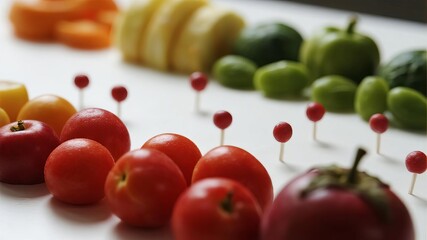Close-Up Shot of Vibrant Genetically Modified Fruits and Vegetables on White Surface, Symbolizing Biotechnology Advancements in Modern Agriculture
