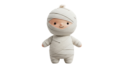 Isolated cute cartoon mummy doll dressed in bandages for Halloween or costume party decor