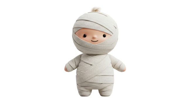 Isolated cute cartoon mummy doll dressed in bandages for Halloween or costume party decor - Powered by Adobe