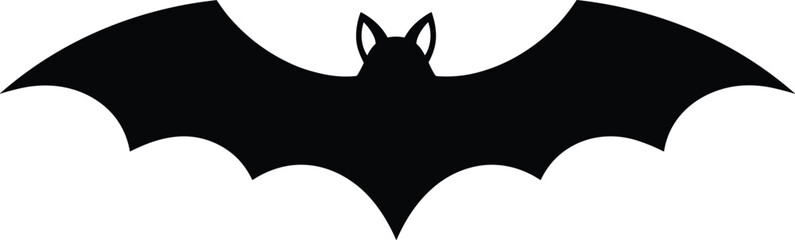 Black silhouette of flying bat icon with wings spread, perfect for Halloween decorations, spooky designs, scary themes, and horror graphics
