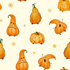 Cute Watercolor Pumpkins Seamless Pattern. Autumn Halloween Fall Textile Design