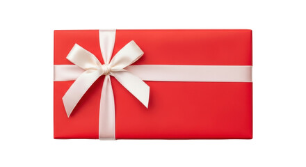 Isolated red gift box, tied with a cream-colored ribbon and bow, present for Christmas or birthday