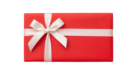 Isolated red gift box, tied with a cream-colored ribbon and bow, present for Christmas or birthday