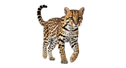 Isolated Ocelot walking, a small wild cat with a yellowish coat and black spots and stripes