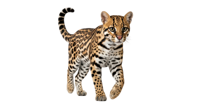 Isolated Ocelot walking, a small wild cat with a yellowish coat and black spots and stripes