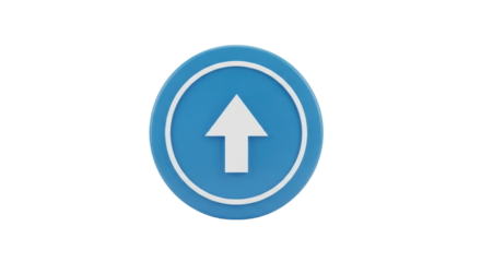 Isolated blue button with arrow pointing up, 3D design element, indicating direction