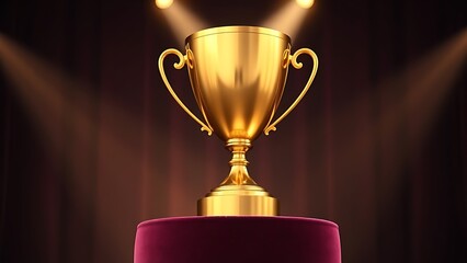 A gleaming gold trophy sits on a velvet stand, radiating achievement and prestige.
