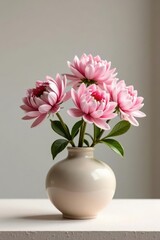 Obraz premium Elegant pink chrysanthemum ikebana arrangement, minimalist Japanese style , event decor, pink flowers