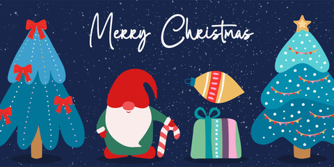 Festive gnome with candy cane, fir trees, gift and decoration. Festive idea for Christmas greeting card or banner. Winter fairy tale concept.
