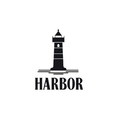Minimalist harbor logo design featuring a striking black lighthouse silhouette emblem