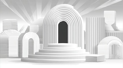 White geometric shapes, arches, and a central platform