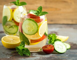 Fototapeta premium Refreshing infused water with lemon, cucumber, apple, and mint