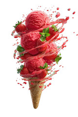 Pink ice cream swirl on a cone, with fresh strawberries and mint