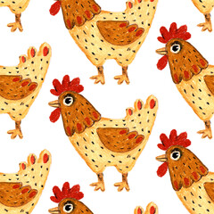 Seamless pattern with funny chickens. Hand drawn farm birds with red combs. Rustic countryside design. Cute poultry illustration.