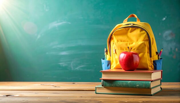 Backpack, books, apple, and school supplies on a wooden desk in front of a teal chalkboard