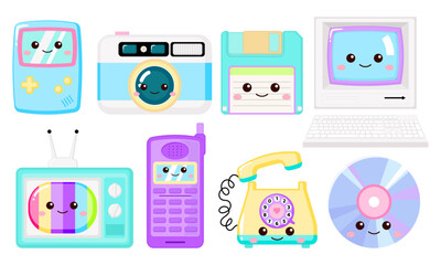 Cute 90s retro devices, game console, camera, floppy disc, monitor, keyboard, television, phone clipart