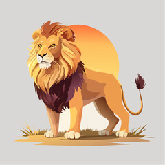 Obraz premium 3D Löwe in Savanne, stehende Pose, Sonnenuntergang, fotorealistisch, detailliertes Fell