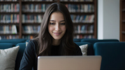 Young woman working on laptop in library while smiling and focusing on her task during a quiet afternoon study session