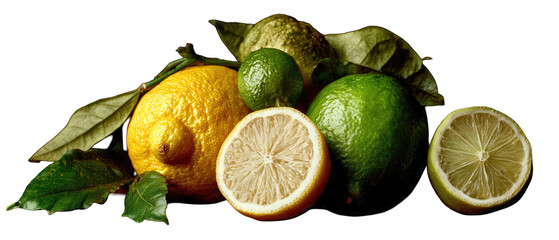 Citrus fruits, lemons, and limes,  with leaves