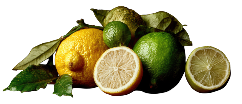 Citrus fruits, lemons, and limes,  with leaves