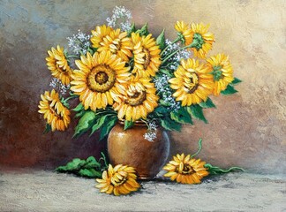 Autumn still life with sunflowers, paintings still life