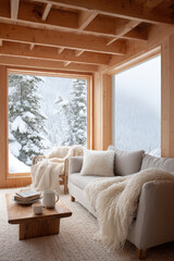 cozy cabin in snow offers warm retreat with steaming cup of hot chocolate awaiting