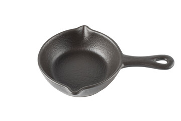 Black ceramic sauce bowl, in the shape of a frying pan, isolated on a white background.