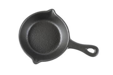 Black ceramic sauce bowl, in the shape of a frying pan, isolated on a white background.