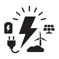 Black icons of renewable energy sources and electricity
