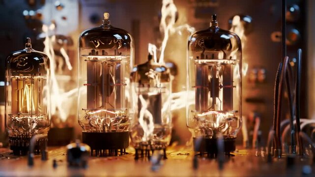 Glowing vacuum tubes in action electrical components.
