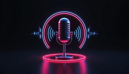 Retro microphone with neon sound waves. Circle halo, vibrant pink blue glow. Modern podcast icon, audio broadcast symbol. Technology, music, communication concept. Broadcast, radio, vintage mic