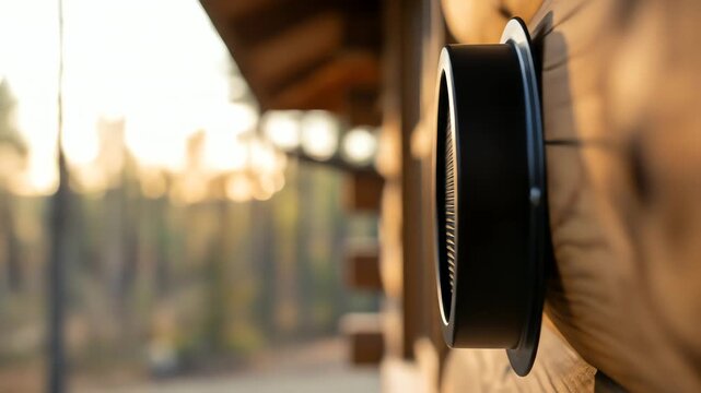 General People & Lifestyle Modern Wireless Speaker on Wooden Table with Sunset Background