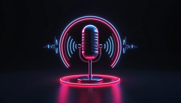 Retro microphone with neon sound waves. Circle halo, vibrant pink blue glow. Modern podcast icon, audio broadcast symbol. Technology, music, communication concept. Broadcast, radio, vintage mic