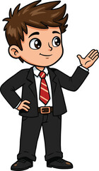 Confident young boy in business suit, formal attire with red striped tie, cartoon character, professional kid presentation vector illustration