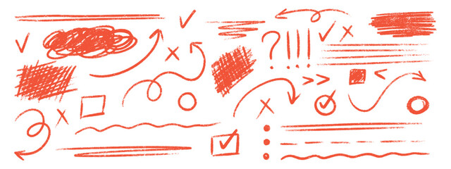 Hand drawn line elements with pencil crayon and chalk brush textures for sketchy design or annotation purposes. Red doodle markings with arrows and circles, checkmarks, underlines and scribbles.