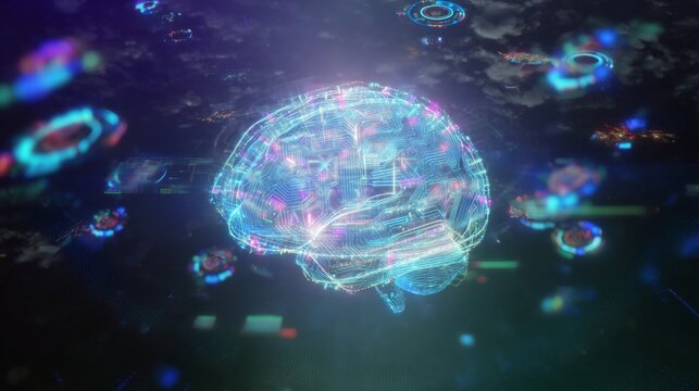 Futuristic human brain made of glowing circuits in digital space with data streams and holograms