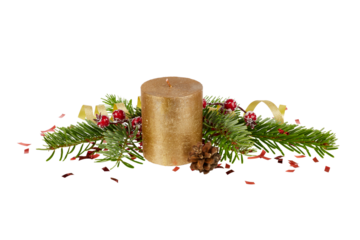 big golden christmas candle with xmas winter decoration. fir tree branches, pine cone, candle and gift ribbon band isolated on white or transparent png