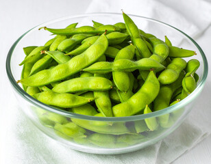 Fresh Green Edamame in a Glass Bowl
